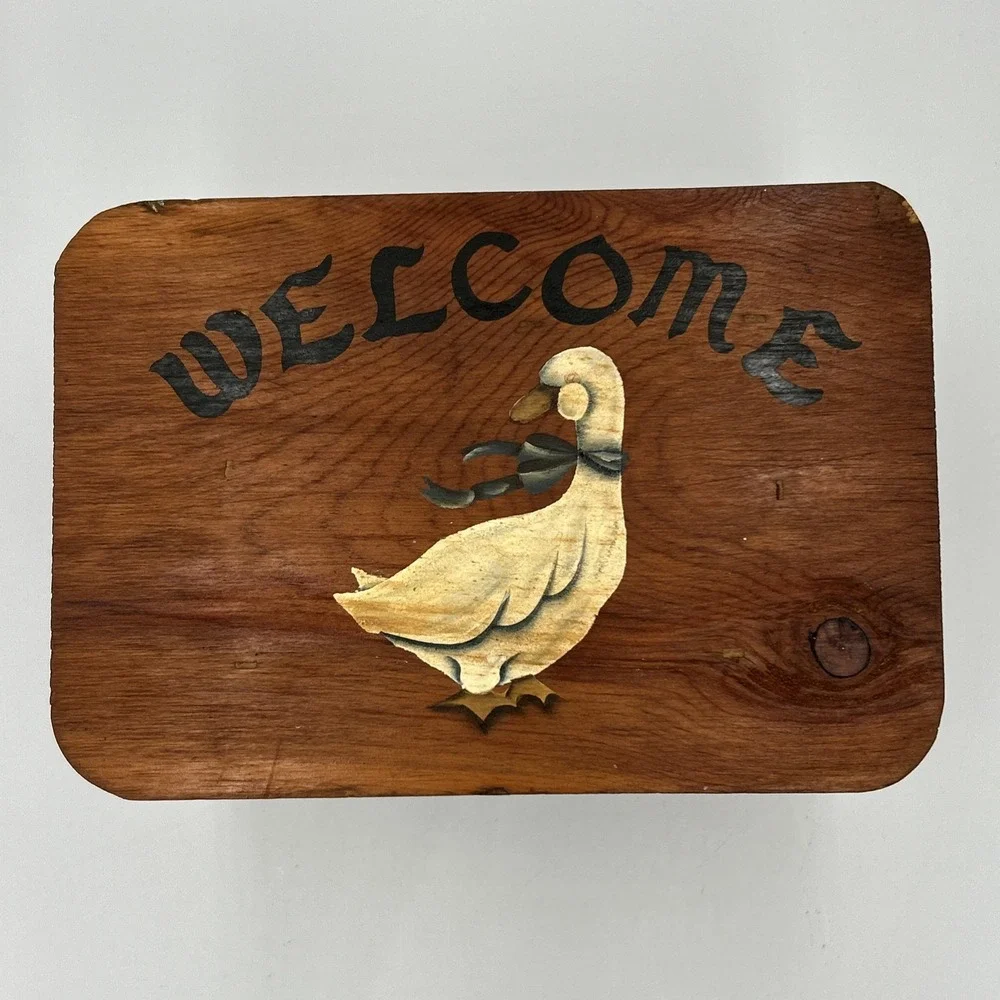 Vtg Wooden Step Stool Hand Painted Duck Welcome Country Farmhouse Cottage Core
